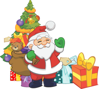 Weihnachtsmann verteilt Geschenke am Weihnachtsbaum
