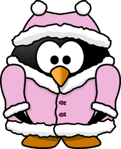 Pinguin in rosa Winterklamotten