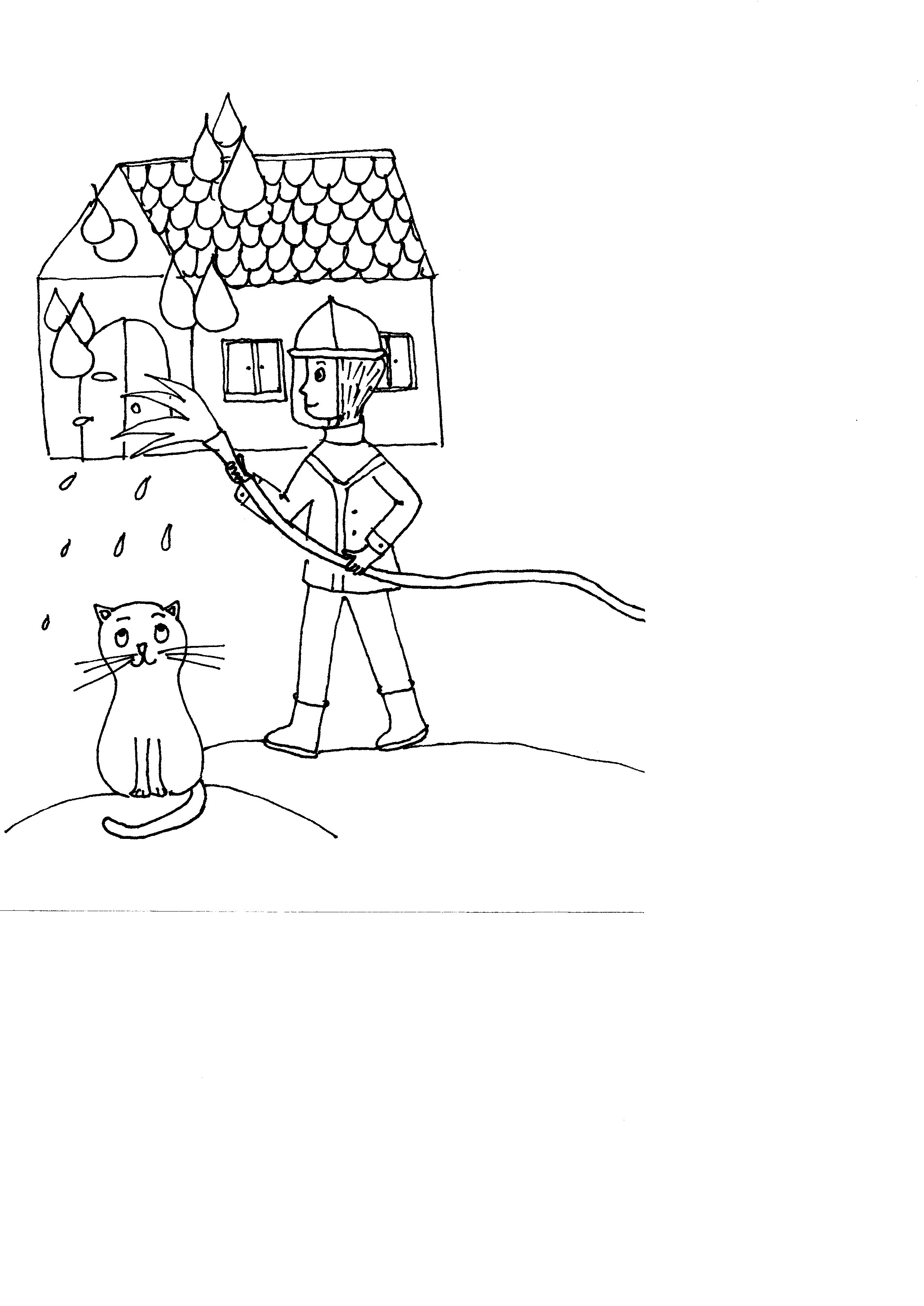 Ausmalbild Feuerwehrmann und Katze von Ingo Ebert