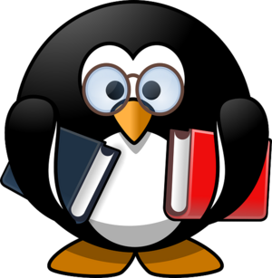 Pinguin mit Brille und einem roten und einem blauen Buch in der Hand