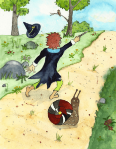 Illustration von Zauberer Zippeldapp und Schnecke Ticki auf dem Weg von Ines Gölß