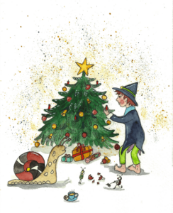 Illustration von Zauberer Zippeldapp am Weihnachtsbaum von Ines Gölß