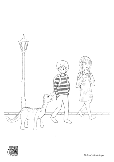 Ausmalbild Junge, Mädchen und Dino auf dem Schulweg von Mandy Schlesinger