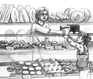 Illustration Mädchen und Verkäuferin Bäcker