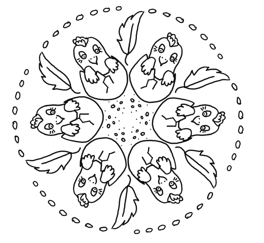 Mandala für Ostern mit Küken und Federn von Heike Baur