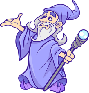 Zauberer mit langem Bart in violettem Gewand und Hut mit Zauberstab