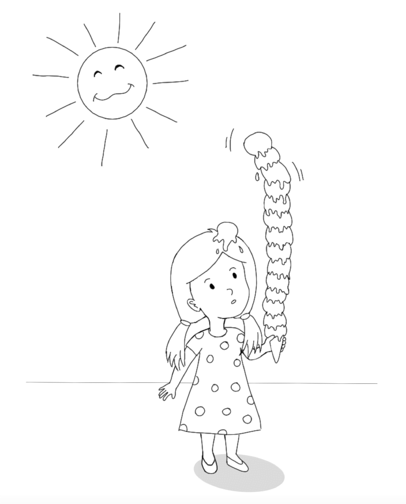 Ausmalbild eines Mädchens mit einem großen Eis, das in der Sonne schmilzt