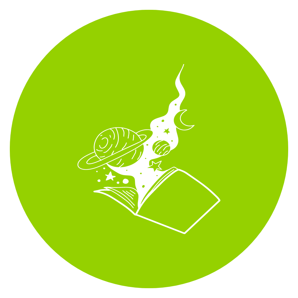 Rundes grünes Icon mit einem Buch, aus dem Sterne und Planeten fliegen