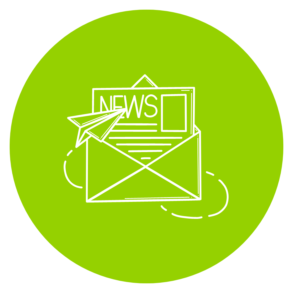 Rundes grünes Icon mit einem News-Brief und einem umher kreisenden Papierflugzeug