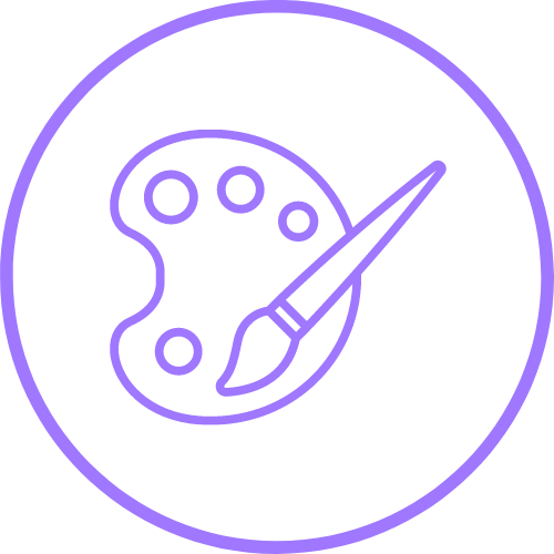 Rundes violettes Icon mit Pinsel und Mischpalette
