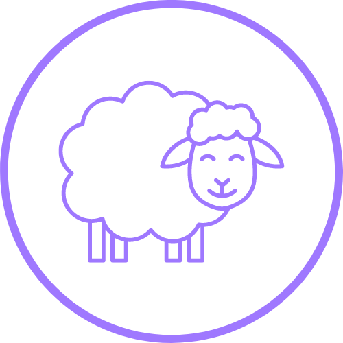 Rundes violettes Icon mit fröhlichem Schaf
