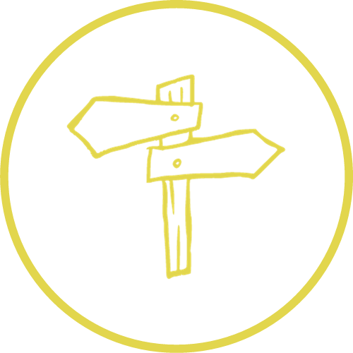Gelbes rundes Icon mit einem Wegschild