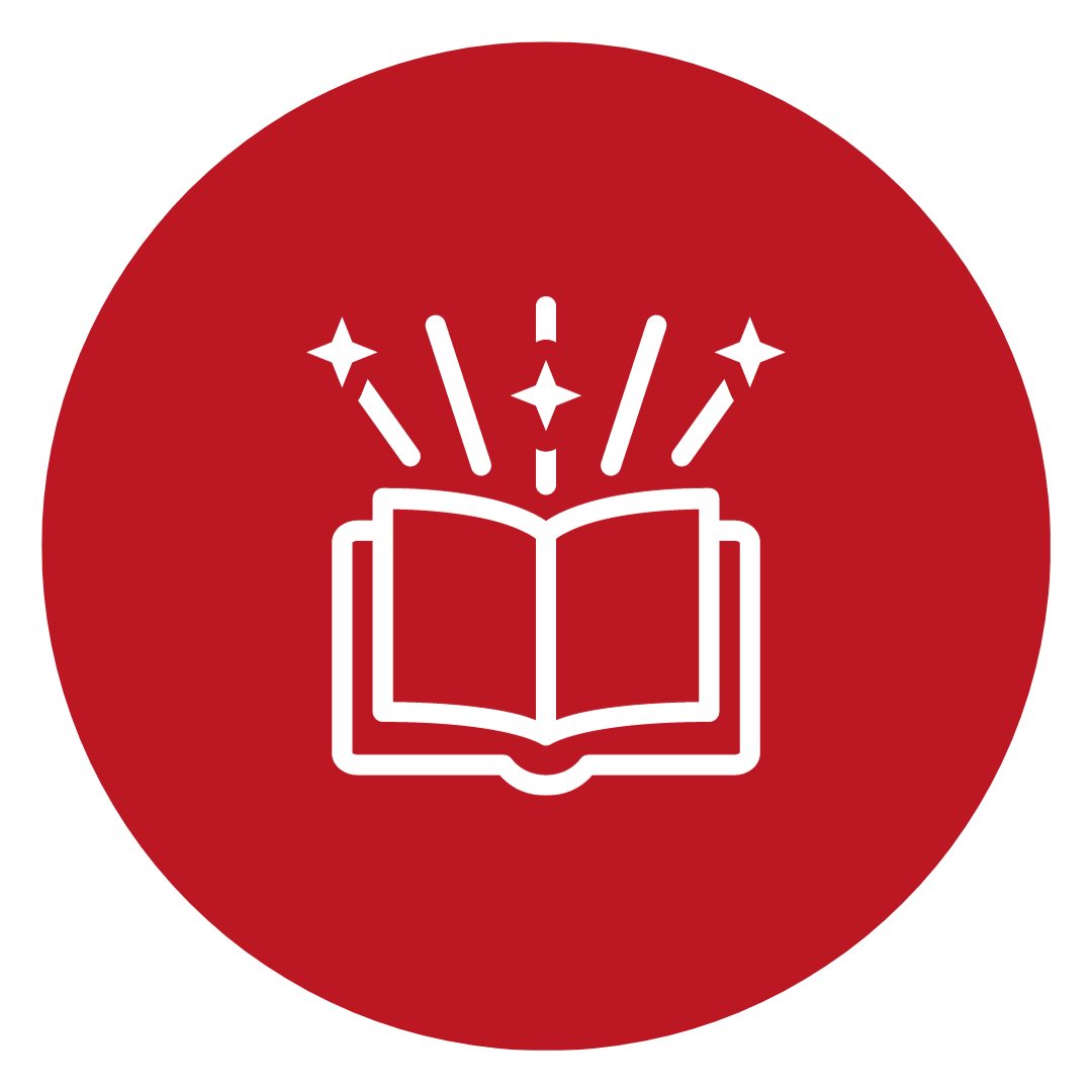Rotes Icon mit Buch und Strahlen