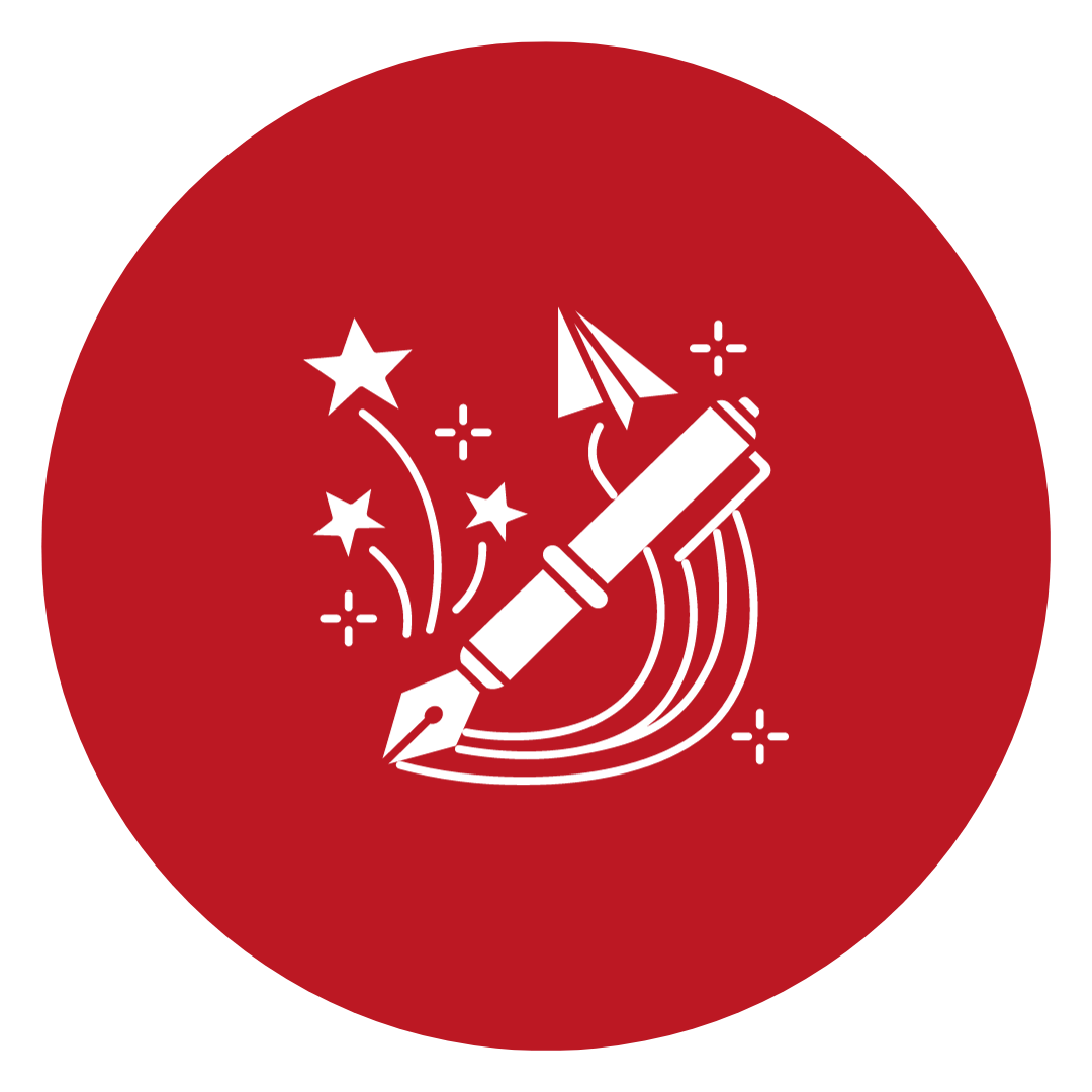 Rotes Icon mit Stift, Sternen und Papierflieger