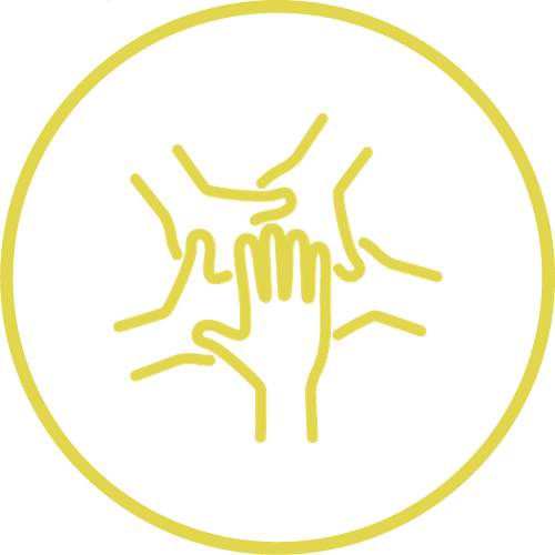 Gelbes rundes Icon mit fünf übereinander liegenden Händen