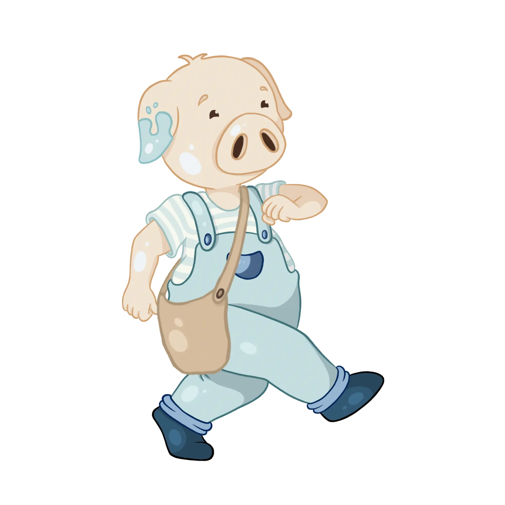 Laufendes Schwein Oskar mit einer blauen Latzhose, einer braunen Hängetasche und einem blauen Farbfleck am Ohr, illustriert von der Kinderbuchillustratorin und -autorin Toni Grimm.