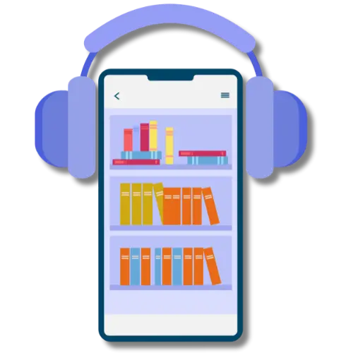 Kopfhörer auf Handy mit Bücherregal auf Display