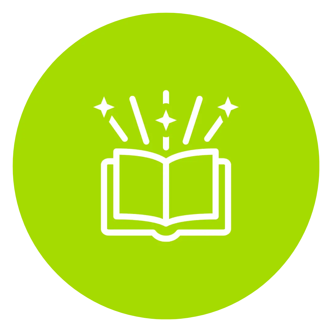 Rundes hellgrünes Icon mit Buch und Sternen
