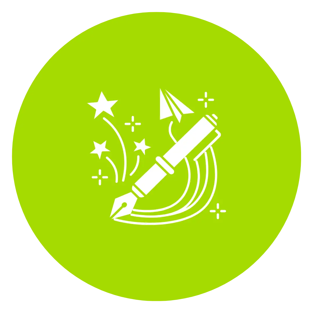 Rundes hellgrünes Icon mit Stift, Papierflieger und Sternen