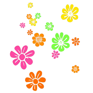 Illustration von gelben, orangenen, pinken und grünen Blumen