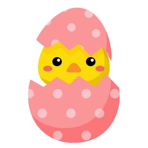 Illustration von einem gelben Küken, das in einem rosa Osterei sitzt und rausschaut