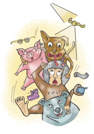Illustration von einem Affen, einem Bären, einem Schwein und einem Hund aus dem Vorlesebuch Schnauze voll von Lisa Aigelsperger und Zwergenstark