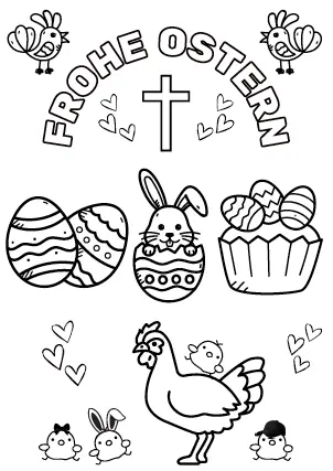 Christliches Ausmalbild zu Ostern mit Osterhase, Ostereiern und Hühnern