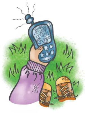 Illustration von einem Handy, einem Arm, Schuhen und Rasen aus dem Vorlesebuch Schnauze voll von Lisa Aigelsperger und Zwergenstark