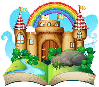 Illustration von einem Kinderbuch, aus dem ein Schloss mit Regenbogen herauskommt und die Geschichtenwelt für Kinder bei Zwergenstark beschreibt