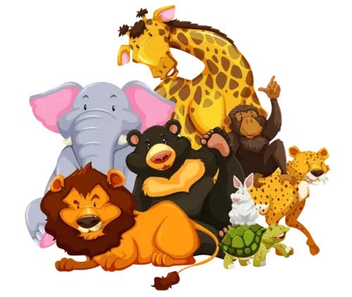 Illustration von Dschungeltieren: Elefant, Löwe, Bär, Giraffe, Affe, Hase, Schildkröte und Tiger