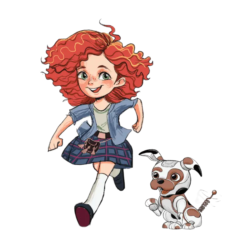 Hauptcharakter Matilda Macintosh mit Roboterhund Byte von Zwergenstark