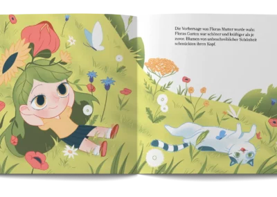 Mockup der Inhaltsseiten 32 bis 33 vom Kinderbuch "Floras Garten", ein Bilderbuch für Kinder ab 5 Jahren von Jana Sommerfeld