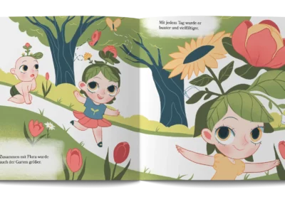 Mockup der Inhaltsseiten 4 bis 5 vom Kinderbuch "Floras Garten", ein Bilderbuch für Kinder ab 5 Jahren von Jana Sommerfeld