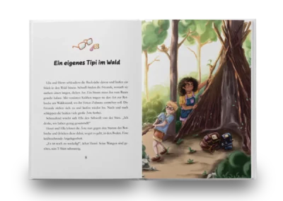 Inhaltsseiten 8 bis 9 Mockup vom Kinderbuch "Das Tipi nach Tharros", ein Vorlesebuch für Kinder ab 6 Jahren von Elisabeth Hartlieb, Katia Seidel-Halva und Zwergenstark