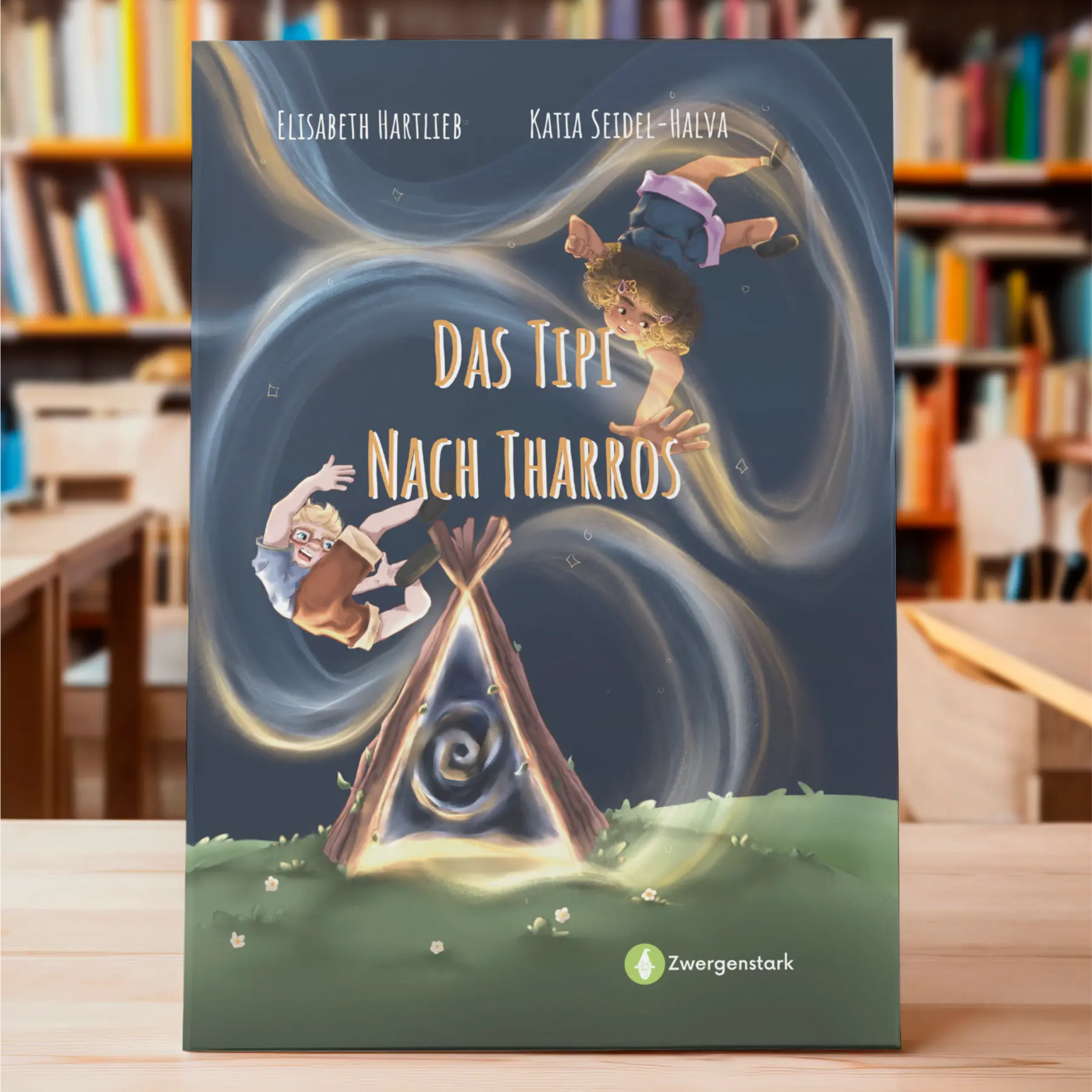 In Szene gesetztes Mockup vom Kinderbuch "Das Tipi nach Tharros", ein Vorlesebuch für Kinder ab 6 Jahren von Elisabeth Hartlieb, Katia Seidel-Halva und Zwergenstark