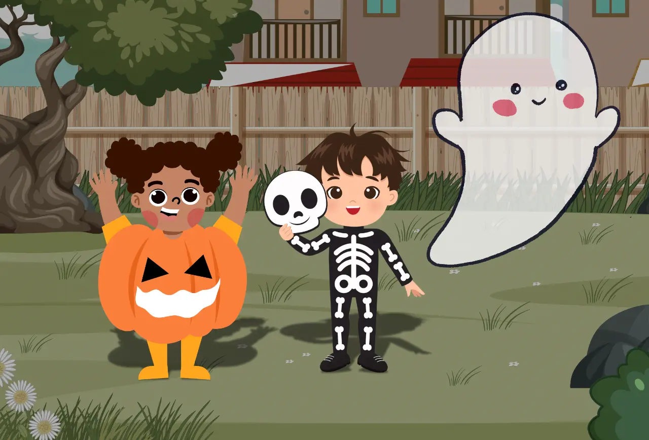 Illustration zu einer Halloween-Geschichte, Kinder im Halloweenkostümen stehen im garten mit einem freundlichen Gespenst