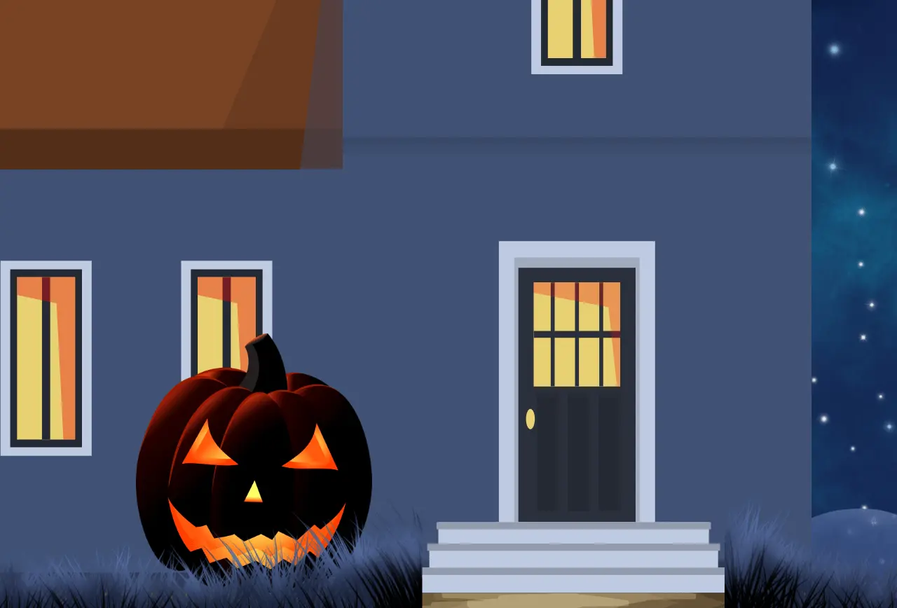 Illustration zu einer Halloween-Geschichte, großer Kürbis mit unheimlichem Gesicht steht vor einem Haus