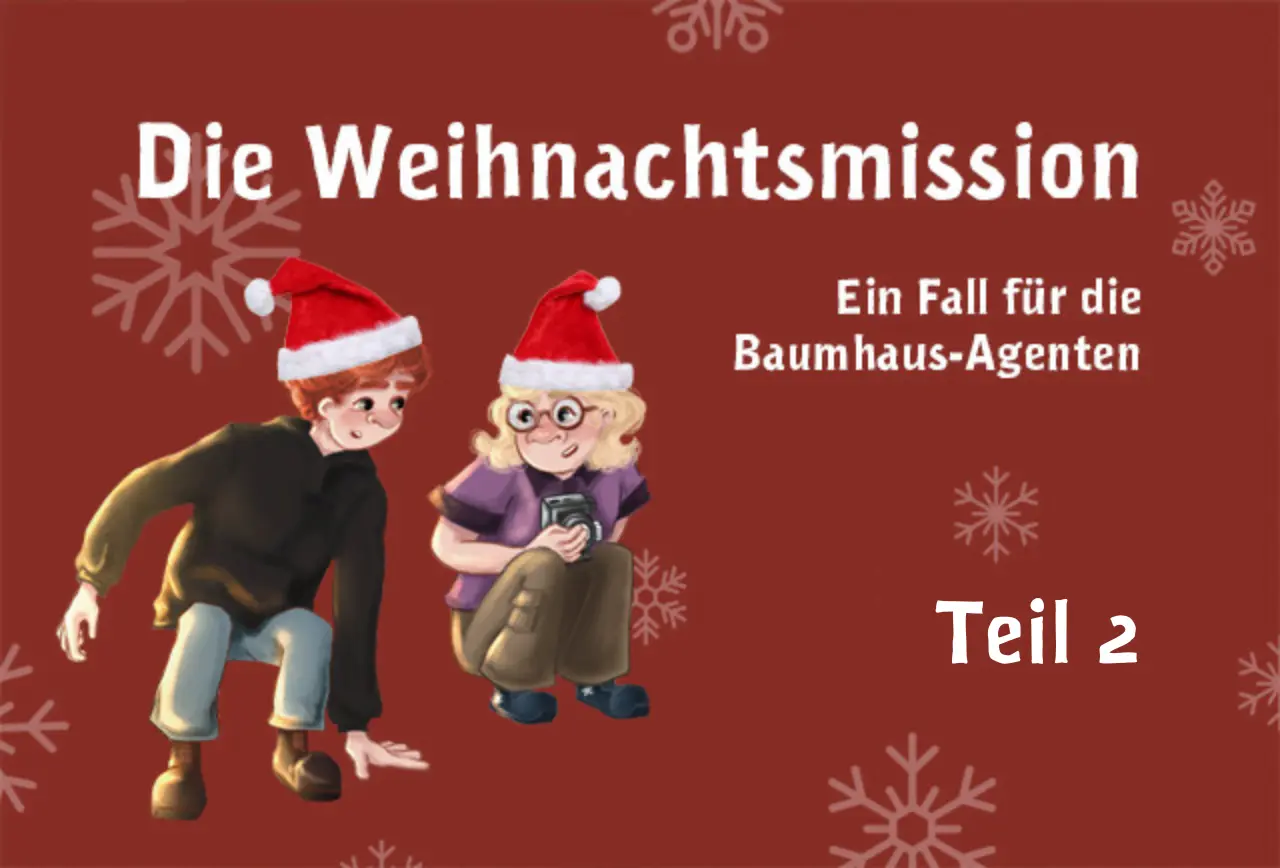 Illustration von Felix und Lina aus dem Buch die Baumhaus-Agenten mit Weihnachtsmützen und Schneeflocken-Hintergrund