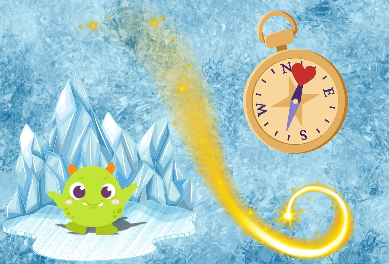 Illustration von einem Monster, einem Kompass und Sternenzauber vor einem blauen Winterhintergrund als Beitragsbild für die dritte Geschichte aus dem Kinderbuch "Der verzauberte Adventskalender", ein E-Book für Kinder ab 5 Jahren von Zwergenstark