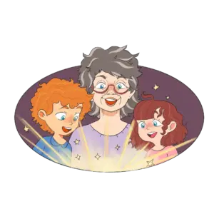 Illustration der Hauptcharaktere Mika, Lilli und der Oma aus dem Kinderbuch "Der magische Reisekoffer", ein fantasievolles Vorlesebuch ab 6 Jahren über Reisen und Entdecken von Mella Lisitano, Jana Sommerfeld und Zwergenstark