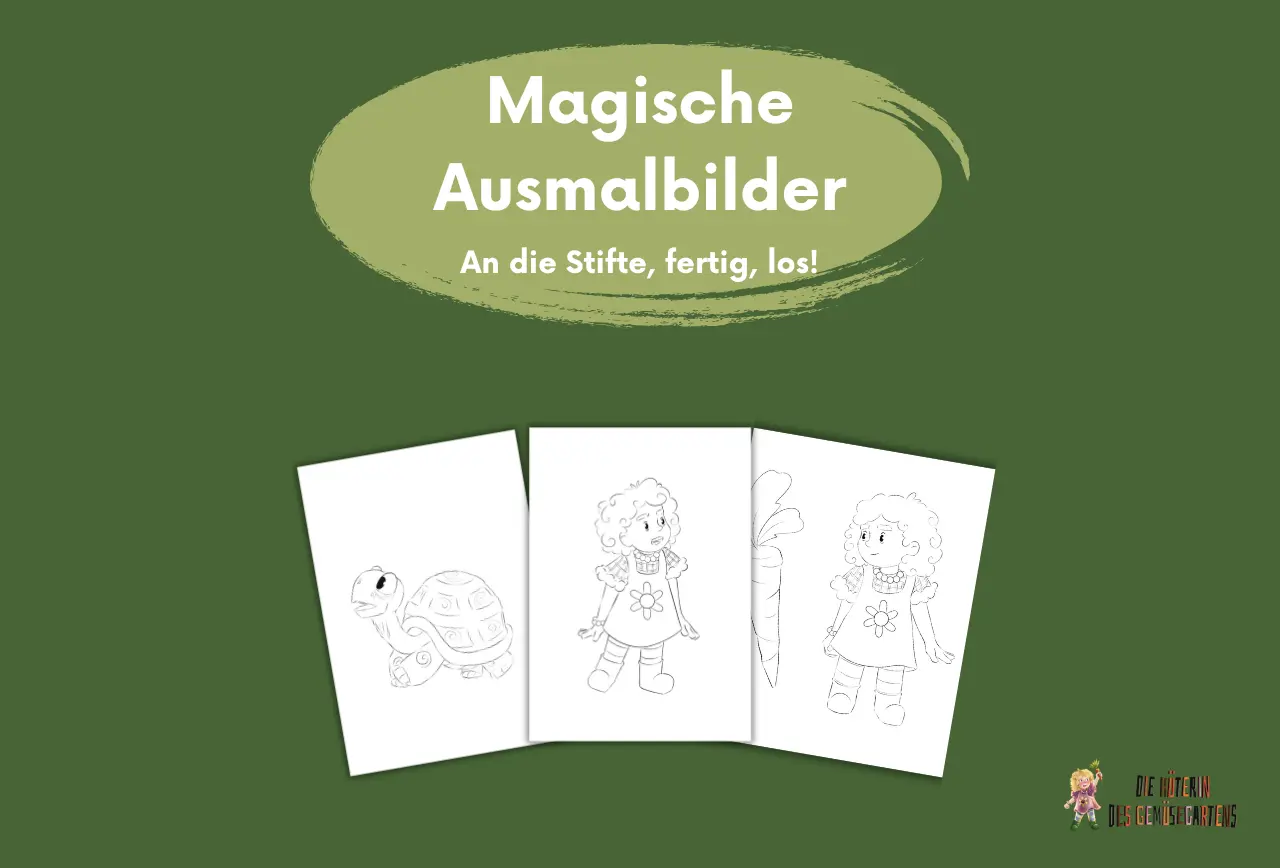 Beitragsbild für die Ausmalbilder zu dem Kinderbuch "Die Hüterin des Gemüsegartens", ein Bilderbuch ab 3 Jahren über Gemüse, Garten und gesunde Ernährung von Jacky Praefke und Zwergenstark