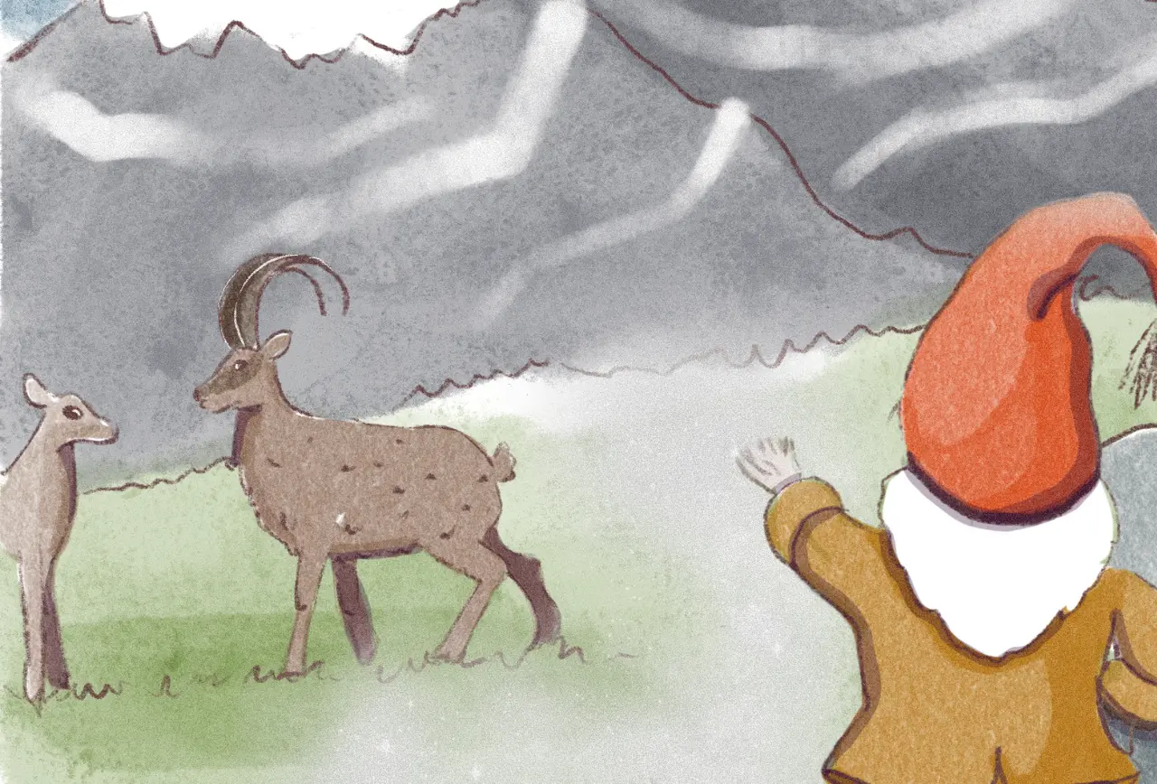 Illustration zur Bonusgeschichte "Die Tiere in den Bergen" zum Kinderbuch "Waldi bei den Bergwichteln", ein Vorlesebuch ab 6 Jahren von Andrea Herold über Natur, Freundschaft und Umweltschutz