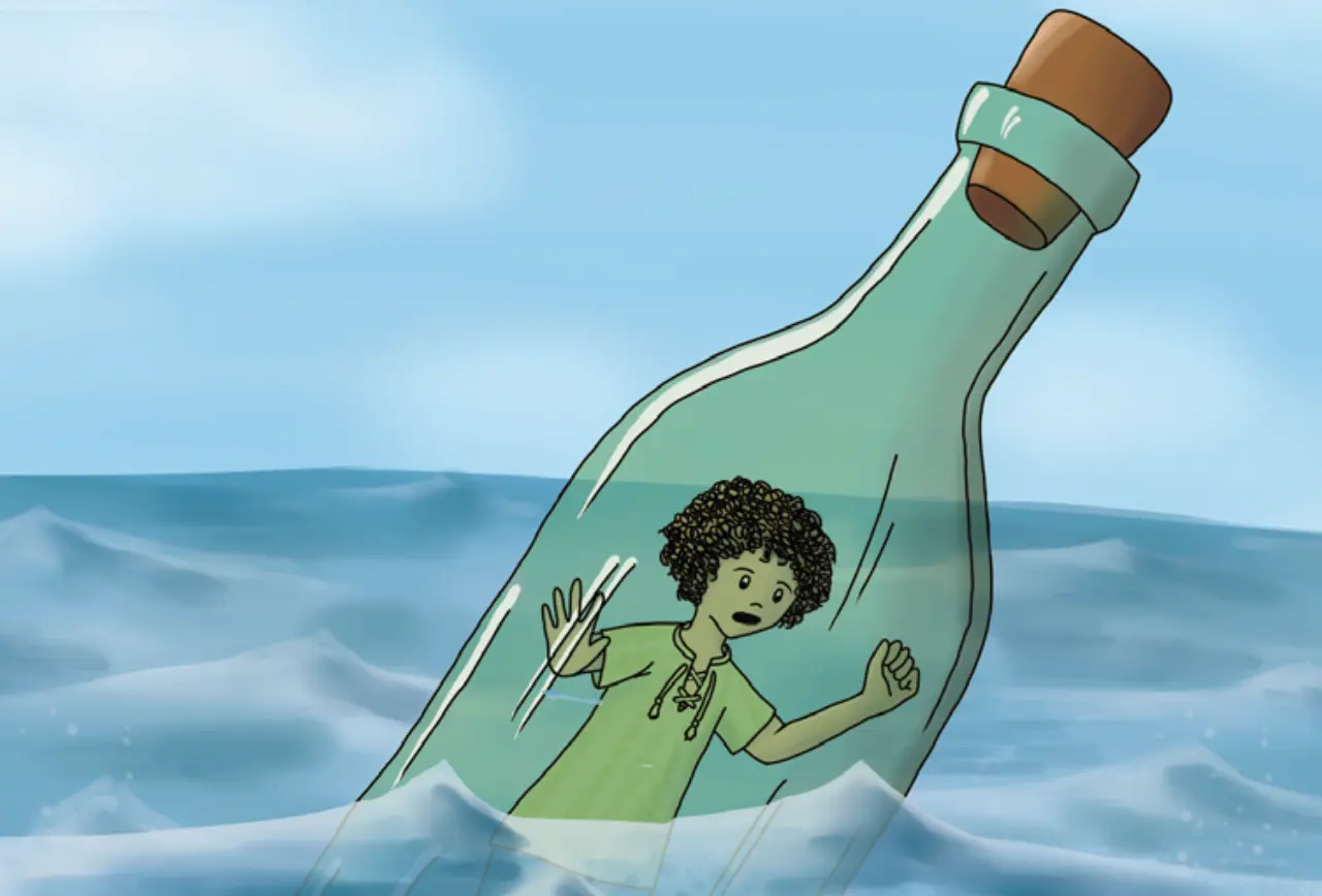 Beitragsbild zum Kapitel 1 "Die geheimnisvolle Flasche" aus dem Kinderbuch "Der Fluch aus der Flasche", ein abenteuerlicher Kinderroman ab 8 Jahren über Seefahrer und Magie von Mandy Schlesinger und Zwergenstark