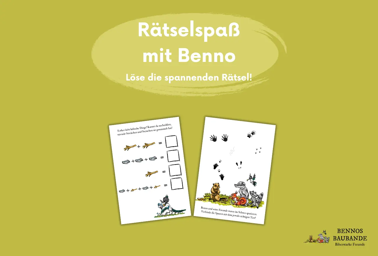 Beitragsbild zu den Bonusrätseln zum Kinderbuch "Bennos Baubande – Biberstarke Freunde", ein Bilderbuch ab 3 Jahren über Natur, Tiere, Freundschaft und Zusammenhalt von Mella Lisitano und Zwergenstark