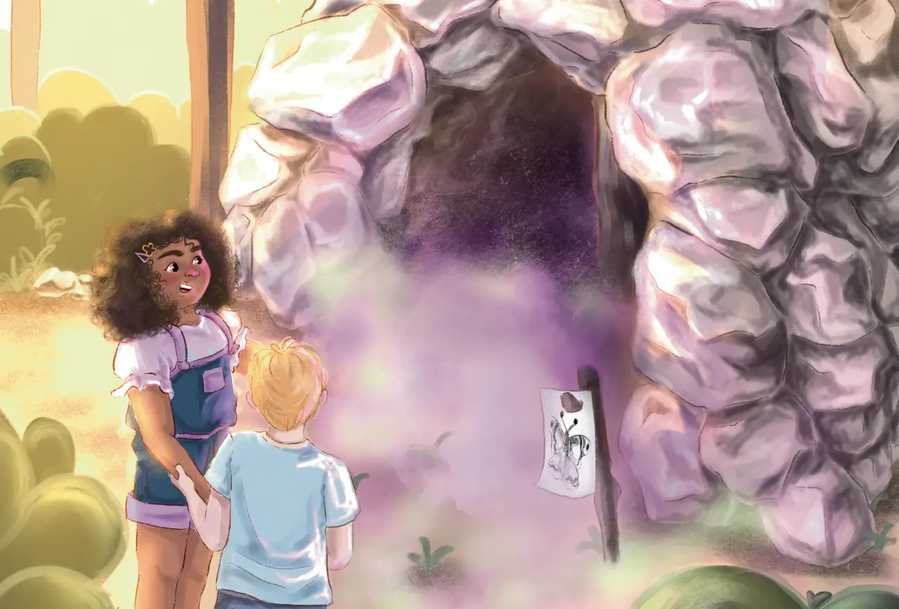 Illustration von Ella und Henri an einer Höhle mit lilafarbenem Rauch als Beitragsbild für das 3. Kapitel "In der Kobold-Höhle" aus dem Kinderbuch "Das Tipi nach Tharros", ein Vorlesebuch ab 6 Jahren von Elisabeth Hartlieb und Zwergenstark