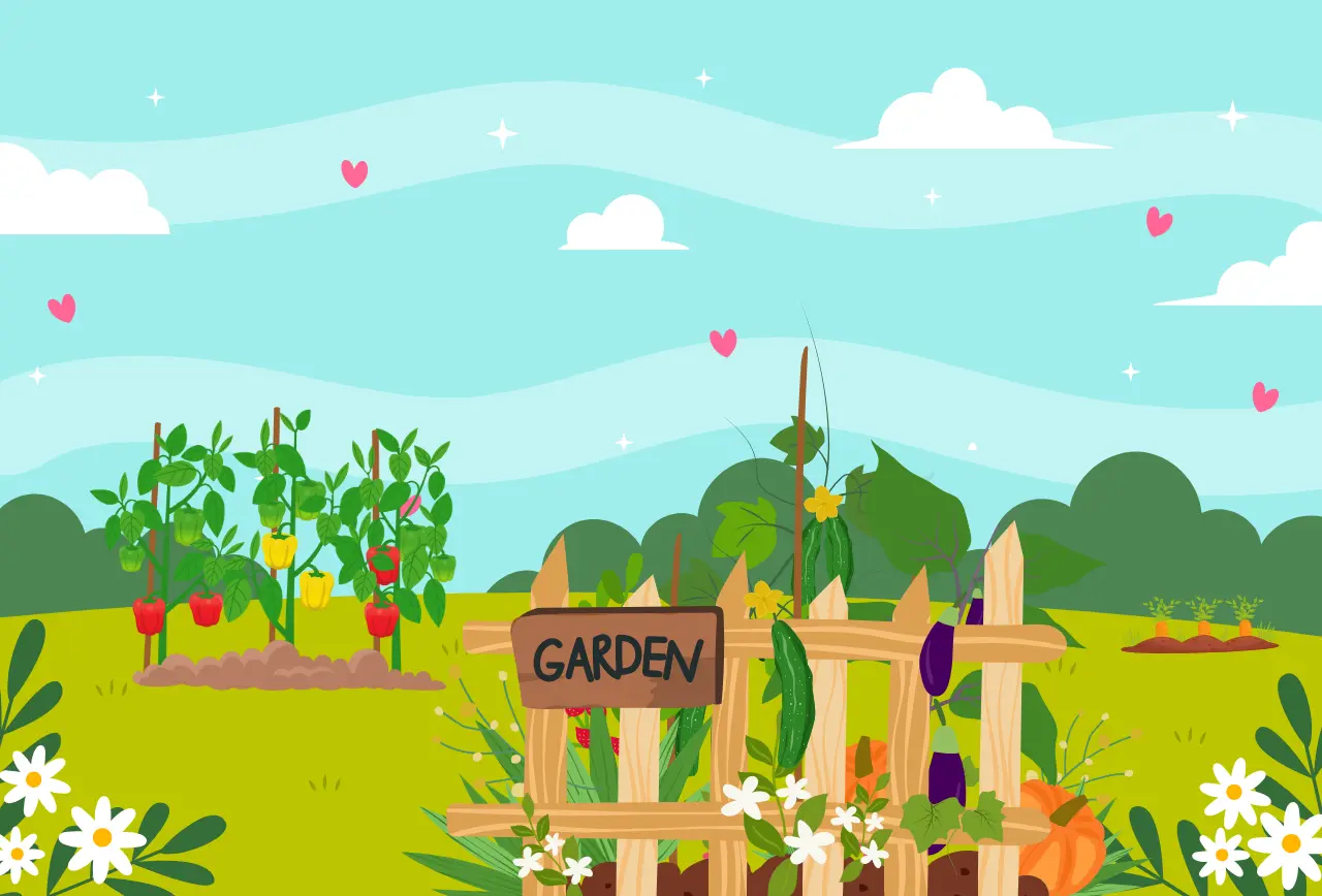 Beitragsbild für die dritte Traumreise "Der blühende Gemüsegarten" aus dem Kinderbuch "Die Reise in deinen inneren Garten – 7 Fantasiereisen zum Entspannen und Ausruhen ", ein E-Book für Kinder ab 4 Jahren zum Vorlesen mit Traumreisen zu einem inneren Garten.