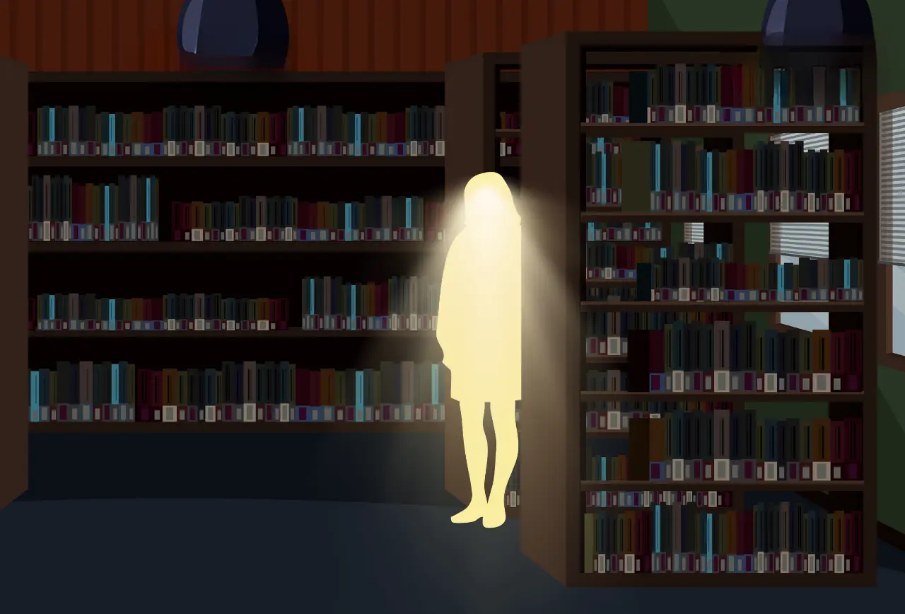 bibliothek-geist-lichtgestalt-buecher-nacht-illustration Beitragsbild für die Geschichte "Der Geist in der Bibliothek" aus dem Kinderbuch "Spuknacht in der Schule – Das Geheimnis von Frau Flüster", ein E-Book zum Vorlesen ab 6 Jahren. Halloween-Geschichte voller Grusel, Spannung und Abenteuer.