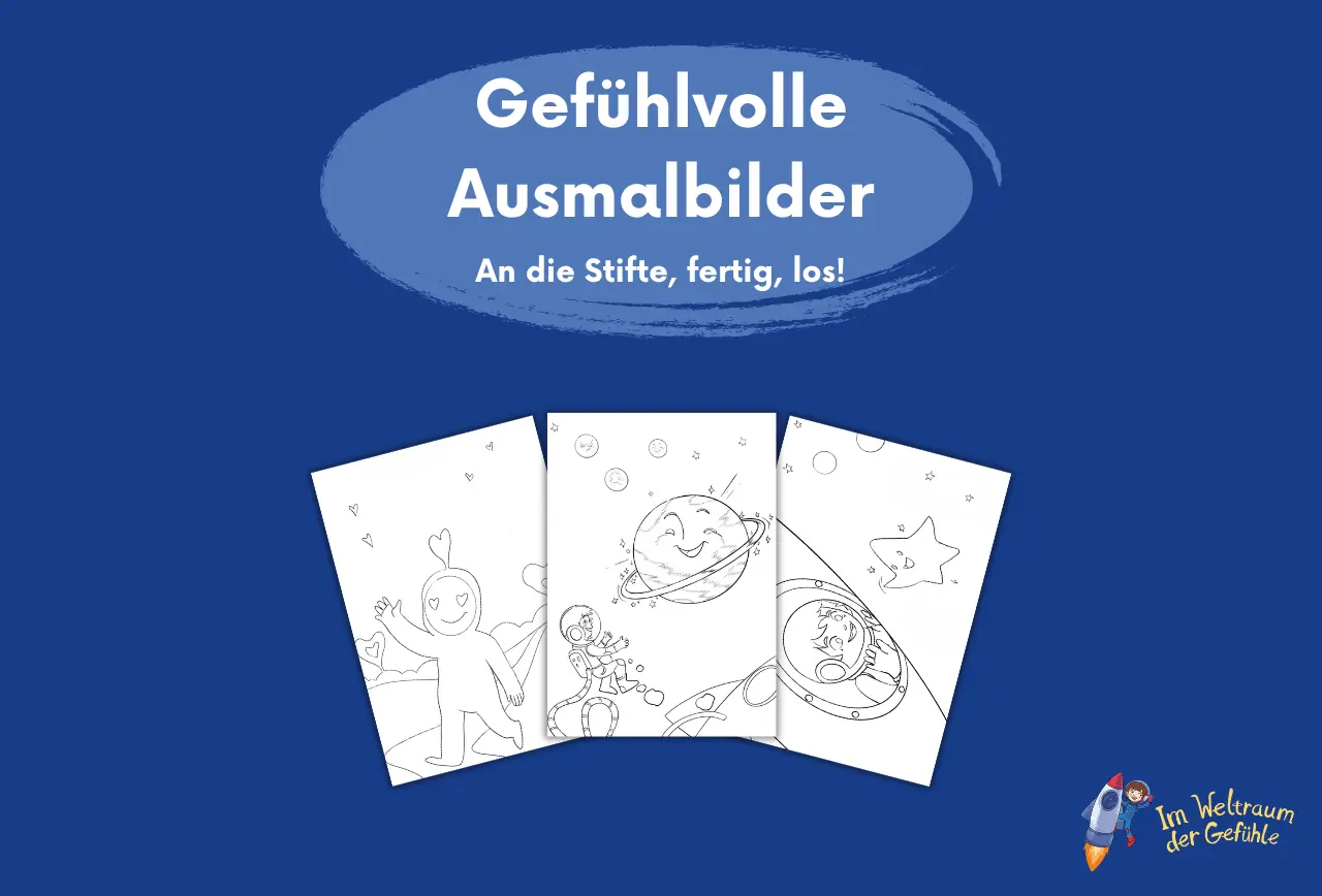 Beitragsbild für die Ausmalbilder zum Kinderbuch "Im Weltraum der Gefühle – Tim und die Gefühlsplaneten", ein Bilderbuch für Kinder ab 3 Jahren von Angelina Wenzler und Zwergenstark