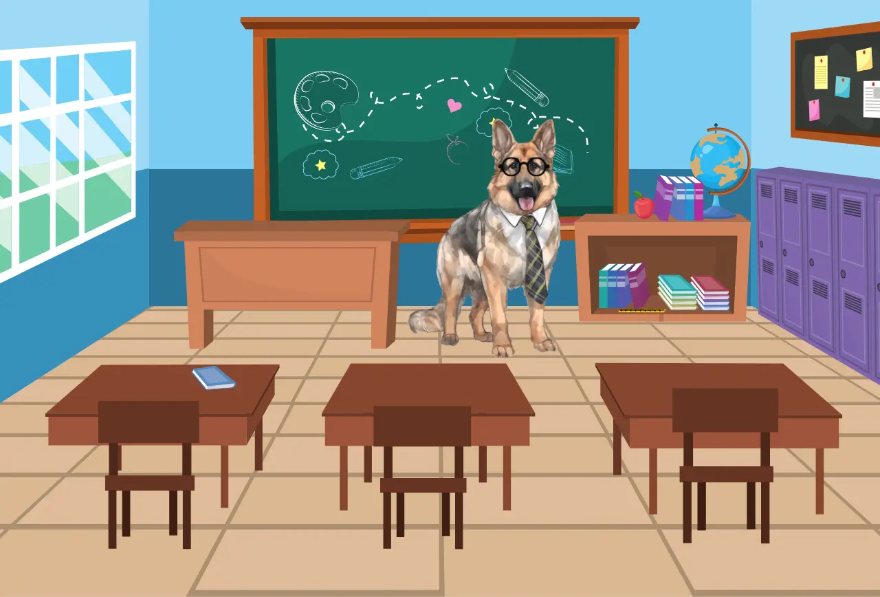 klassenzimmer-hund-hundeschule_illustration Beitragsbild für die Geschichte "Die geheimnisvolle Schulnacht" aus dem Kinderbuch "Spuknacht in der Schule – Das Geheimnis von Frau Flüster", ein E-Book zum Vorlesen ab 6 Jahren. Halloween-Geschichte voller Grusel, Spannung und Abenteuer.