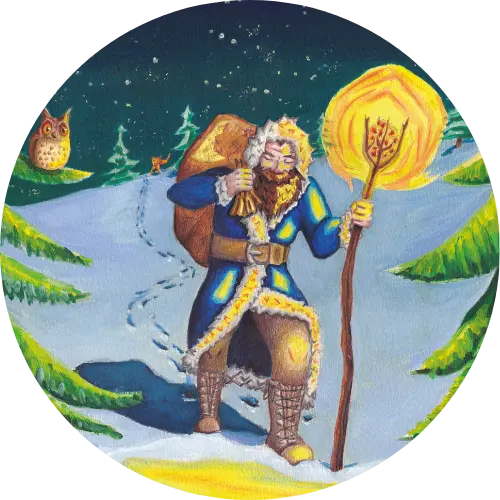 knecht-ruprecht-charakter-rund Illustration von Waldi aus dem Kinderbuch "Waldi bei den Bergwichteln", ein Vorlesebuch ab 6 Jahren von Andrea Herold über Natur, Freundschaft und Umweltschutz